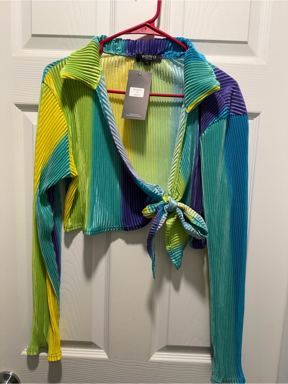 WOWO Cropped Tie-Front Ribbed Top in Bright Multi
